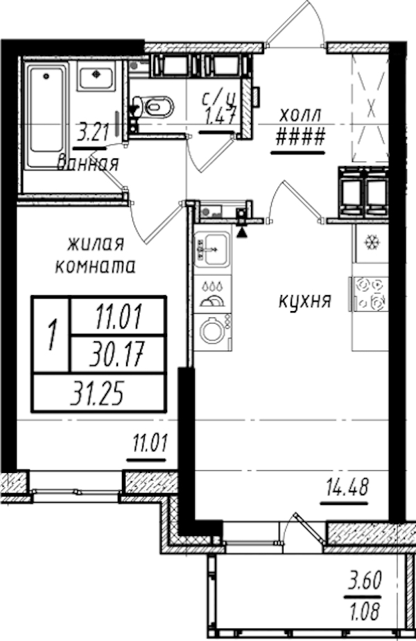 1-комнатная квартира 37.98 м², 22/25 эт., ЖК «Северная Долина»